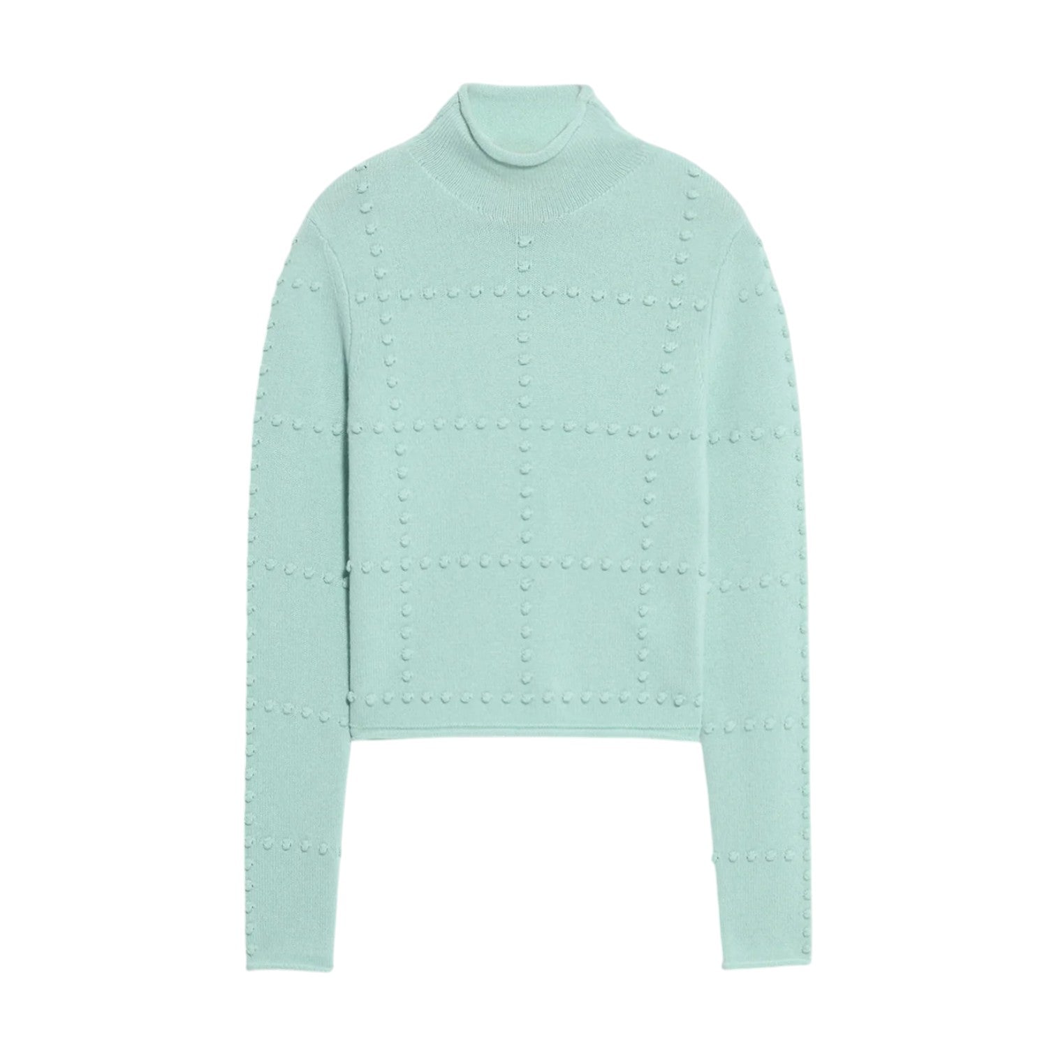 The Popcorn Cashmere Top by Guest in Residence is a light blue women’s mock neck sweater with long sleeves and a chic grid pattern of raised, round textured dots for a stylish popcorn design.