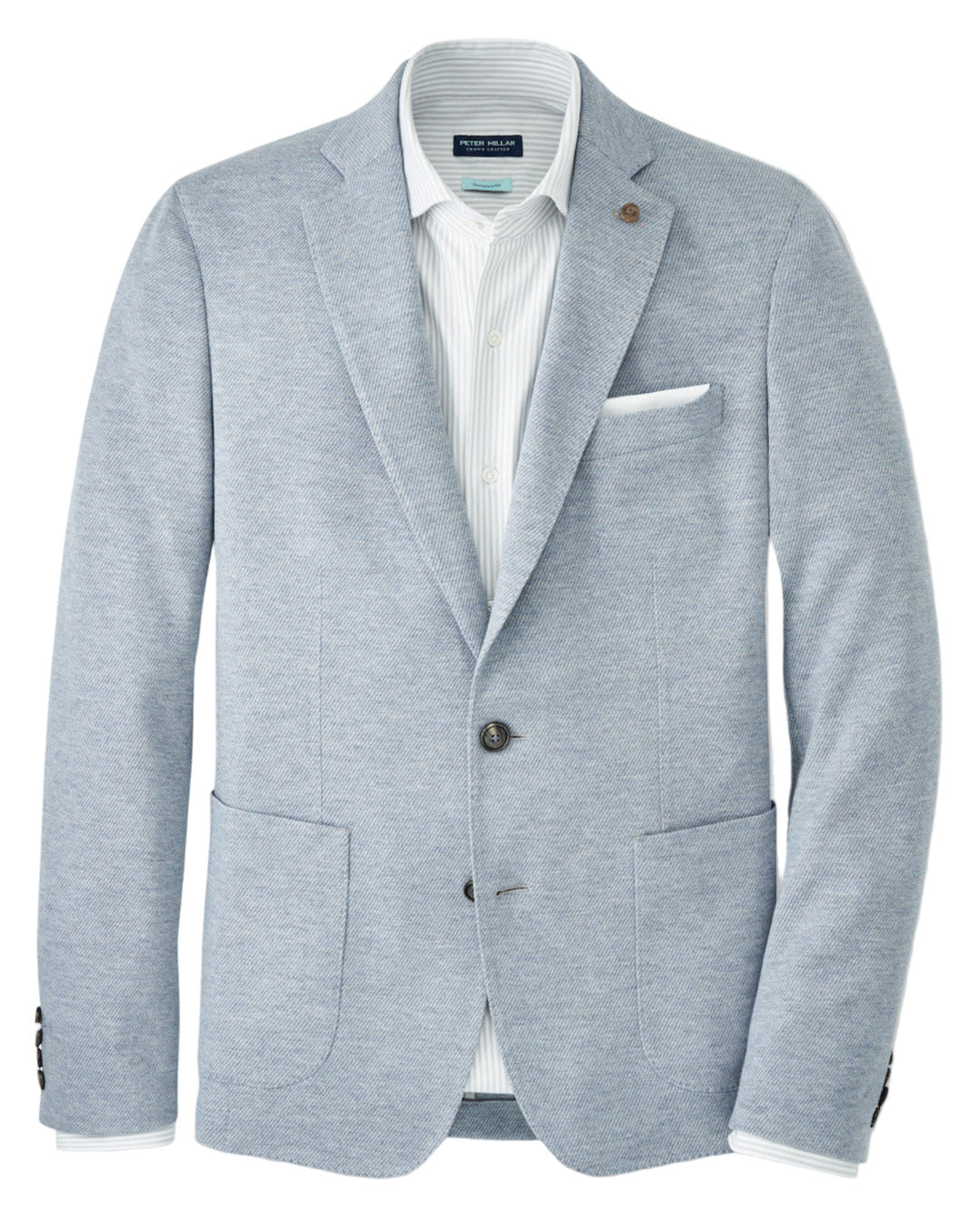 The Peter Millar Barclay Knit Soft Jacket in light gray-blue features a relaxed fit, two front pockets, a chest pocket with white pocket square, dark buttons, and is styled over a white collared shirt.