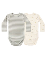 The Quincy Mae Baby Jersey Bodysuit 2-Pack includes two soft, long-sleeve bodysuits crafted from organic brushed jersey: one in grey and white stripes, and the other in cream with a delicate animal and leaf print. These comfy one-pieces are thoughtfully designed for easy changing, offering both comfort and convenience for you and your baby.