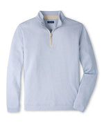 The Albatross Cotton-Blend Pique Quarter-Zip by Peter Millar is a light blue long-sleeve pullover featuring a standing collar and beige zipper, crafted from textured piqué fabric and displayed on a flat white background.