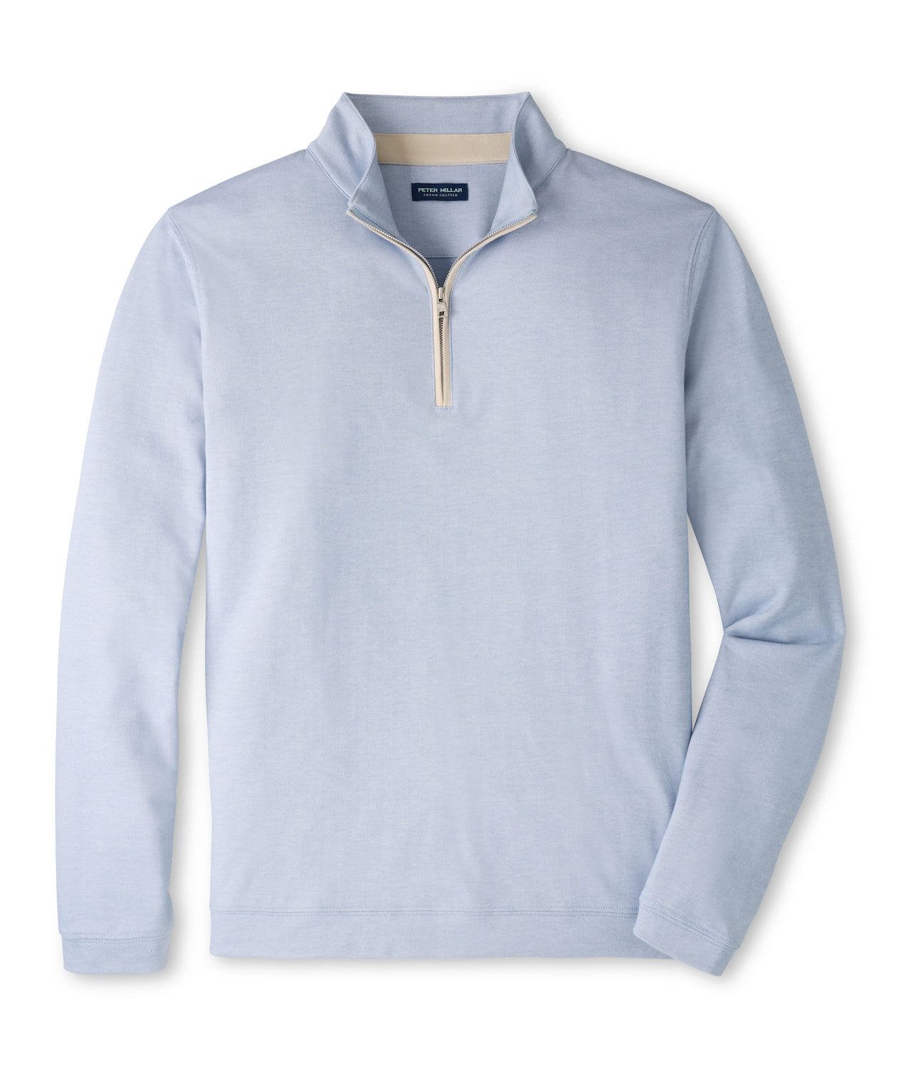 The Albatross Cotton-Blend Pique Quarter-Zip by Peter Millar is a light blue long-sleeve pullover featuring a standing collar and beige zipper, crafted from textured piqué fabric and displayed on a flat white background.