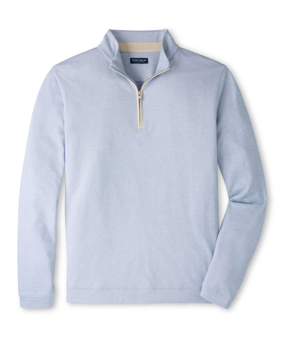 The Albatross Cotton-Blend Pique Quarter-Zip by Peter Millar is a light blue long-sleeve pullover featuring a standing collar and beige zipper, crafted from textured piqué fabric and displayed on a flat white background.