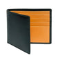 The Ettinger Bridle Billfold 6 Credit Card Wallet, in black leather with a vibrant London Tan interior and multiple card slots, is displayed open and upright against a white background.