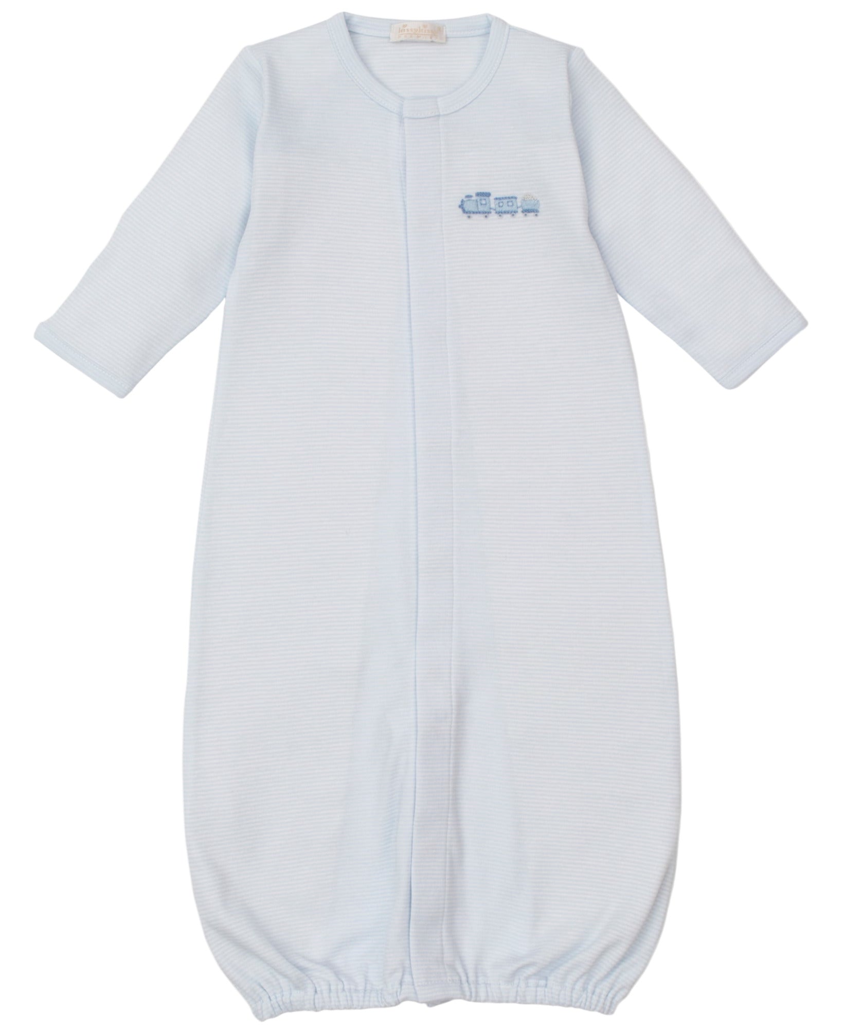 Kissy Kissy Baby Boys' Fall Medley Stripe Convertible Gown features long sleeves, an elastic hem, and hand embroidery on the chest.