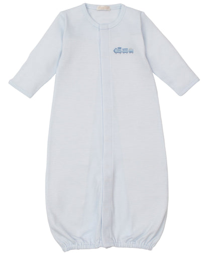 Kissy Kissy Baby Boys' Fall Medley Stripe Convertible Gown features long sleeves, an elastic hem, and hand embroidery on the chest.