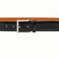 The Magnanni Viento Belt features black calfskin leather with a tan interior and a silver rectangular buckle, shown laid flat.