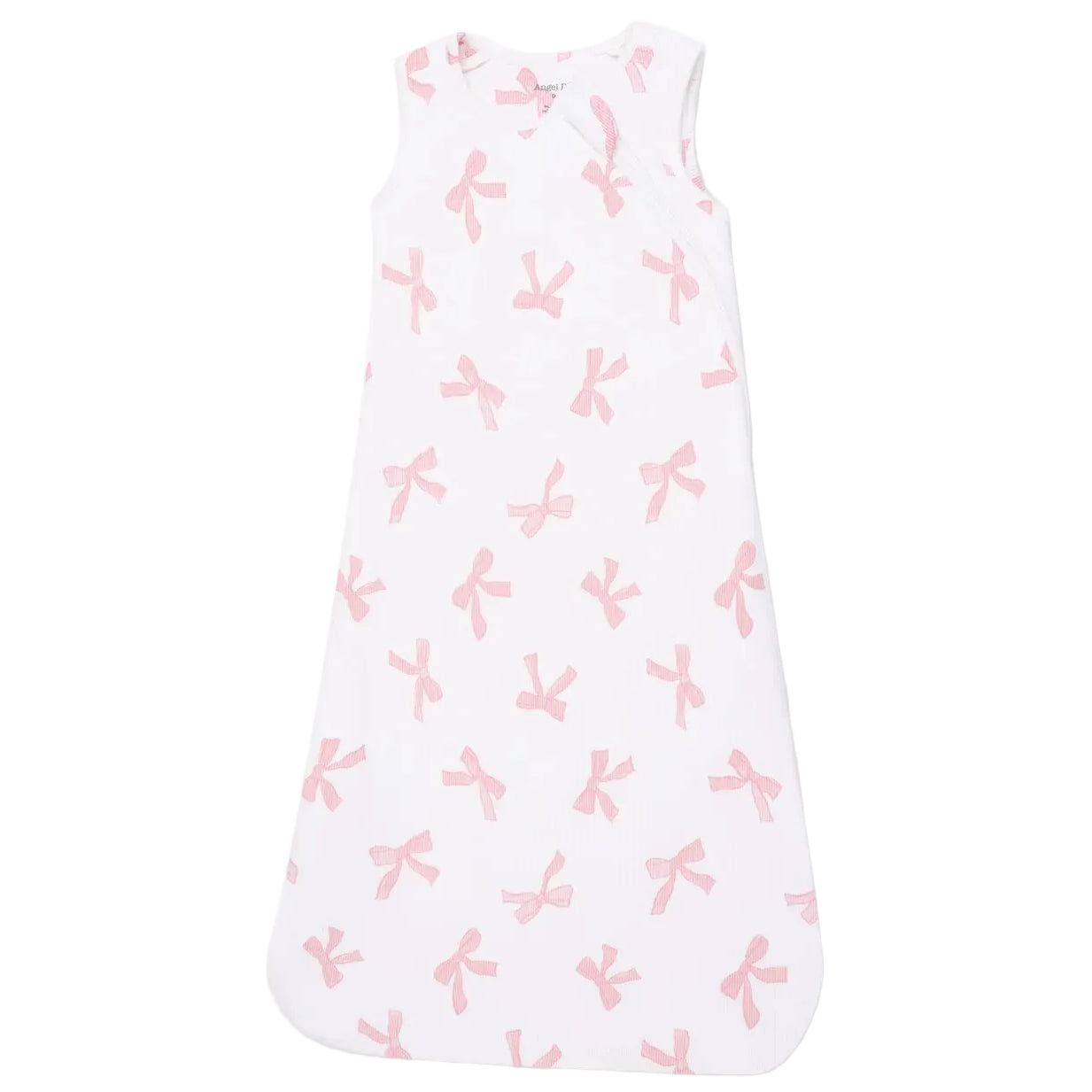 Angel Dear Baby Sleep Bag in white, crafted from soft bamboo fabric and adorned with an all-over pink bow print, displayed on a plain background.