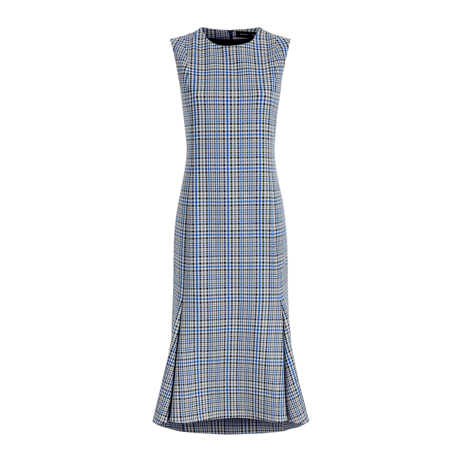 The Bruna Plaid Wool Nylon Dress by Proenza Schouler is a sleeveless, calf-length fit-and-flare dress in blue and white plaid, featuring a fitted bodice and flared hem with subtle side slits.