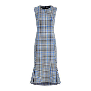 The Bruna Plaid Wool Nylon Dress by Proenza Schouler is a sleeveless, calf-length fit-and-flare dress in blue and white plaid, featuring a fitted bodice and flared hem with subtle side slits.