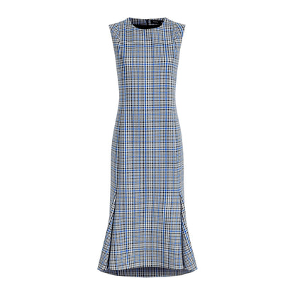 The Bruna Plaid Wool Nylon Dress by Proenza Schouler is a sleeveless, calf-length fit-and-flare dress in blue and white plaid, featuring a fitted bodice and flared hem with subtle side slits.