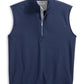 The Johnnie-O Torque Vest is a navy blue, sleeveless quarter-zip pullover with a stand collar, made from moisture-wicking Dri-Comfort nylon. Shown flat on white, it’s ideal for versatile layering.