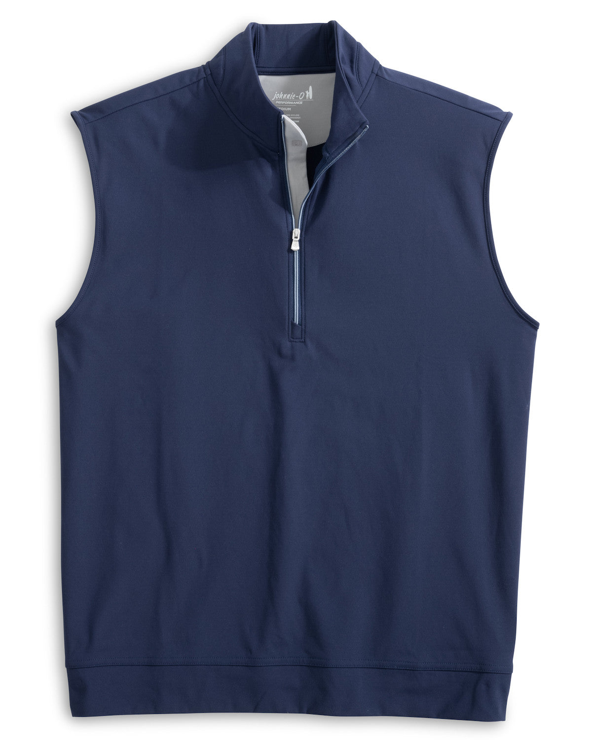 The Johnnie-O Torque Vest is a navy blue, sleeveless quarter-zip pullover with a stand collar, made from moisture-wicking Dri-Comfort nylon. Shown flat on white, it’s ideal for versatile layering.