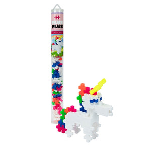 The Plus Plus Tube - Unicorn features vibrant building blocks displayed beside a colorful unicorn, showcasing this STEM toy’s creative play opportunities and its role in boosting kids’ fine motor skills.