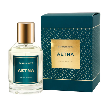 A bottle of Barberino’s Aetna Perfume Cologne sits beside its matching teal and gold patterned box.