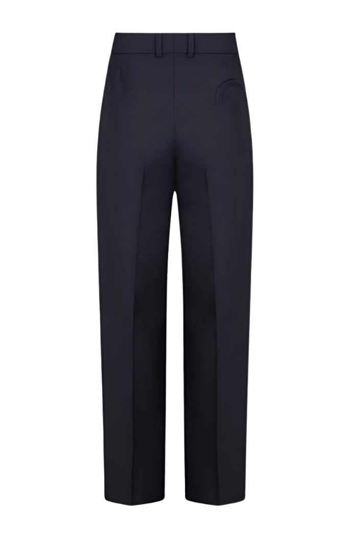 The Blaze Milano First Class Fox Pants are tailored black wool-mohair straight-leg trousers with belt loops, side pockets, and a subtle stitched detail near one pocket, shown against a white background.