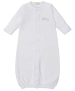 The Kissy Kissy Premier Elephant Esprit Convertible Gown features soft Pima cotton, long sleeves, a closed elastic hem, central seam, and a hand-embroidered chest detail.