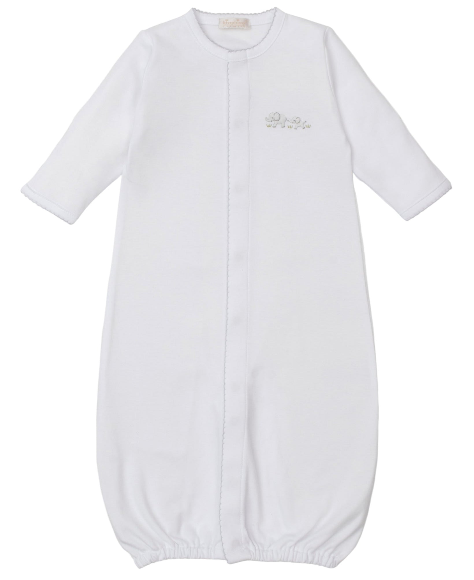 The Kissy Kissy Premier Elephant Esprit Convertible Gown features soft Pima cotton, long sleeves, a closed elastic hem, central seam, and a hand-embroidered chest detail.