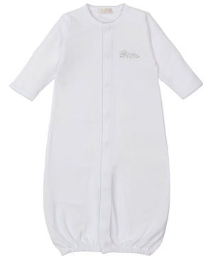 The Kissy Kissy Premier Elephant Esprit Convertible Gown features soft Pima cotton, long sleeves, a closed elastic hem, central seam, and a hand-embroidered chest detail.