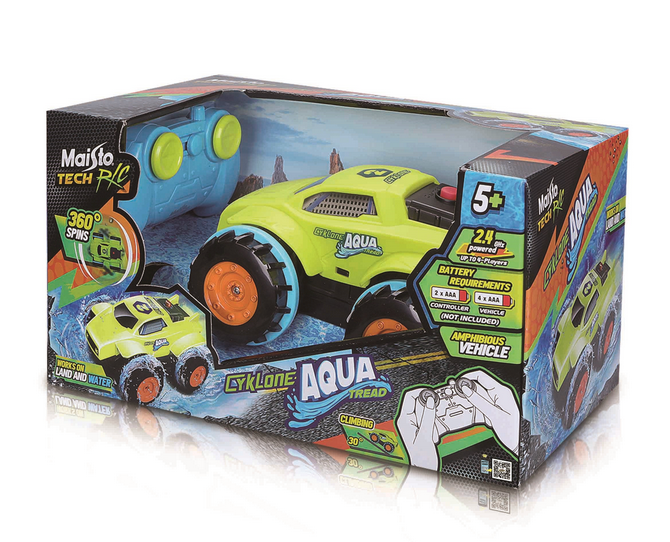 Boxed Maisto R/C Cyklone Aqua Tread remote control car, designed for ages 5 and up, features 4WD amphibious vehicle capability and comes with a remote controller.