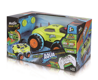 Boxed Maisto R/C Cyklone Aqua Tread remote control car, designed for ages 5 and up, features 4WD amphibious vehicle capability and comes with a remote controller.