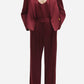 A person wears Blaze Milano’s Novalis Fox Pants in burgundy satin with a matching blazer and top, styled with black pointed shoes.