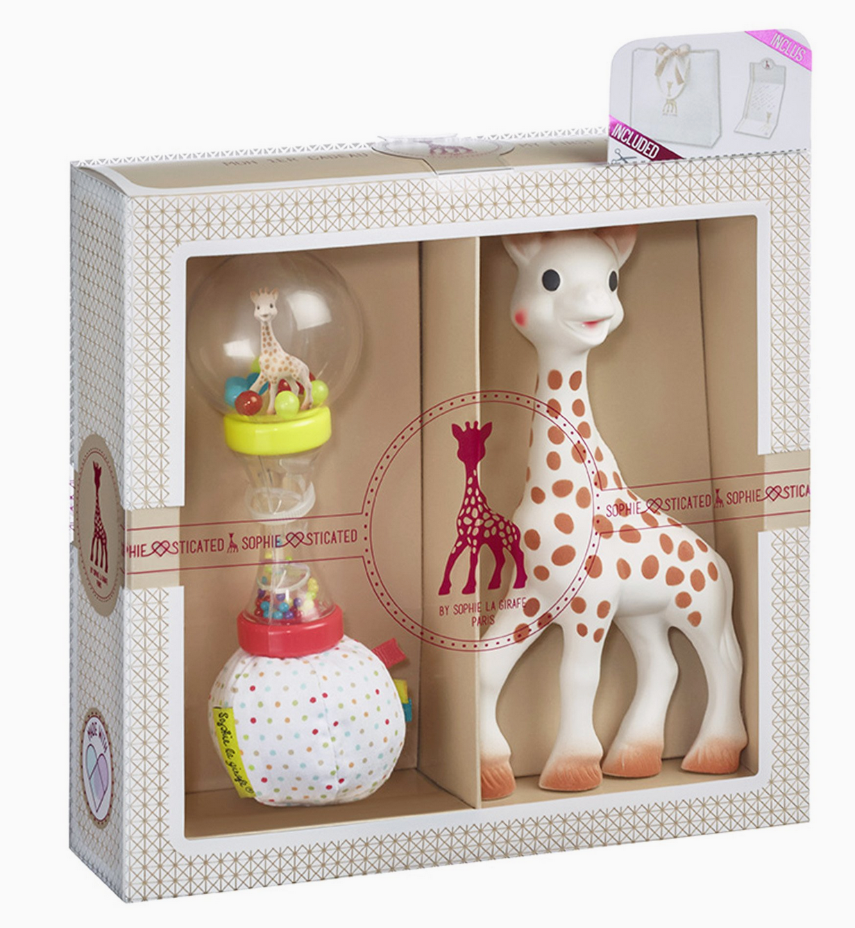 The Classical Creation Birth Set by Sophie la Girafe features a giraffe-shaped toy teether with polka dots and a colorful rattle. Ideal for baby showers, the packaging displays charming giraffe illustrations and branding, elegantly visible through a clear display window.