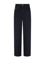 The Clapotis Paso Jeans from Blaze Milano are straight-leg dark blue jeans designed in a contemporary style, featuring five pockets, a button closure, and subtle orange stitching details.