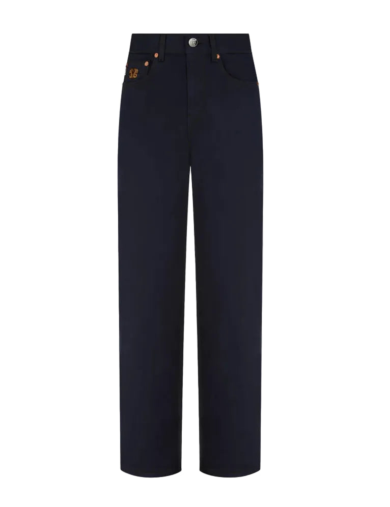 The Clapotis Paso Jeans from Blaze Milano are straight-leg dark blue jeans designed in a contemporary style, featuring five pockets, a button closure, and subtle orange stitching details.