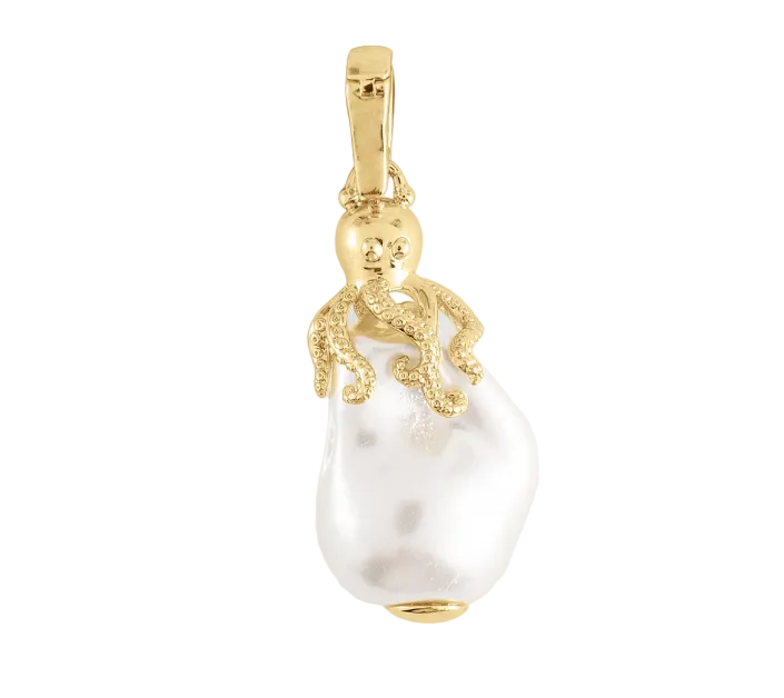 Anabel Aram Milos Octopus Charm in 18K gold plate featuring a dangling irregular white pearl.