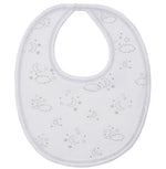 The Kissy Kissy Cheerful Good Night Printed Bib is made from soft Pima cotton and features a playful gray clouds, moons, and stars print with a button neck closure.