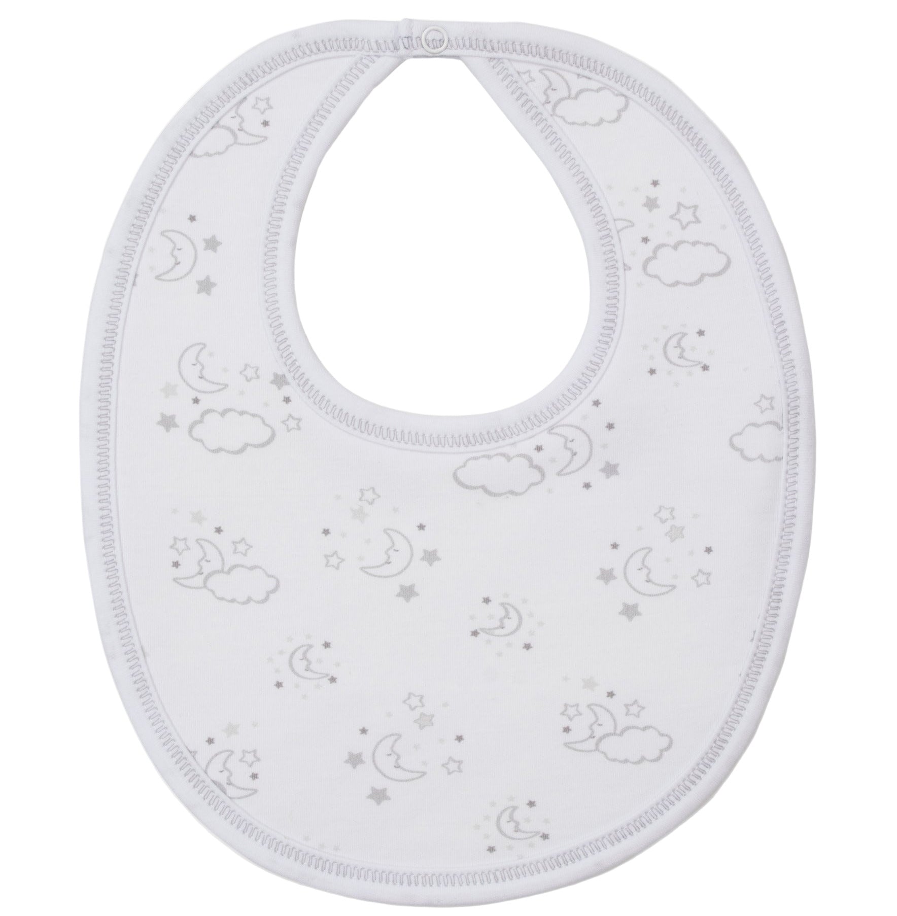 The Kissy Kissy Cheerful Good Night Printed Bib is made from soft Pima cotton and features a playful gray clouds, moons, and stars print with a button neck closure.