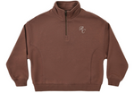 The Girls’ Half Zip Sweatshirt by Rylee & Cru is a brown sporty style crafted from soft French terry, featuring a short stand-up collar and white embroidered “RC” initials on the left chest.