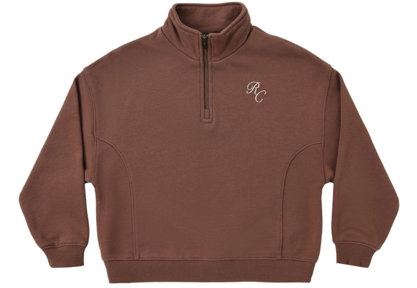 The Girls’ Half Zip Sweatshirt by Rylee & Cru is a brown sporty style crafted from soft French terry, featuring a short stand-up collar and white embroidered “RC” initials on the left chest.