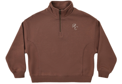 The Girls’ Half Zip Sweatshirt by Rylee & Cru is a brown sporty style crafted from soft French terry, featuring a short stand-up collar and white embroidered “RC” initials on the left chest.