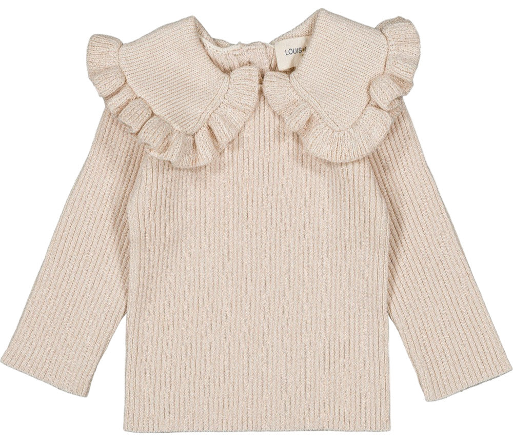 The Baby Girls' Alichou Pull by Louis Louise is a beige ribbed knit sweater with long sleeves and a ruffled Peter Pan collar, shown flat on a white background.