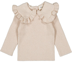 The Baby Girls' Alichou Pull by Louis Louise is a beige ribbed knit sweater with long sleeves and a ruffled Peter Pan collar, shown flat on a white background.