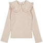 The Girls' Alinou Wool Blend Pull by Louis Louise is a beige ribbed knit long-sleeve pullover with a large ruffled Peter Pan collar, shown flat on a white background.