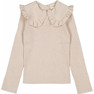 The Girls' Alinou Wool Blend Pull by Louis Louise is a beige ribbed knit long-sleeve pullover with a large ruffled Peter Pan collar, shown flat on a white background.