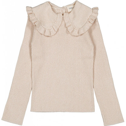 The Girls' Alinou Wool Blend Pull by Louis Louise is a beige ribbed knit long-sleeve pullover with a large ruffled Peter Pan collar, shown flat on a white background.