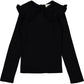The Girls' Alinou Wool Blend Pull by Louis Louise, featuring black ribbed knit, long sleeves, and a ruffled Peter Pan collar, is shown laid flat against a white background.