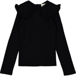 The Girls' Alinou Wool Blend Pull by Louis Louise, featuring black ribbed knit, long sleeves, and a ruffled Peter Pan collar, is shown laid flat against a white background.