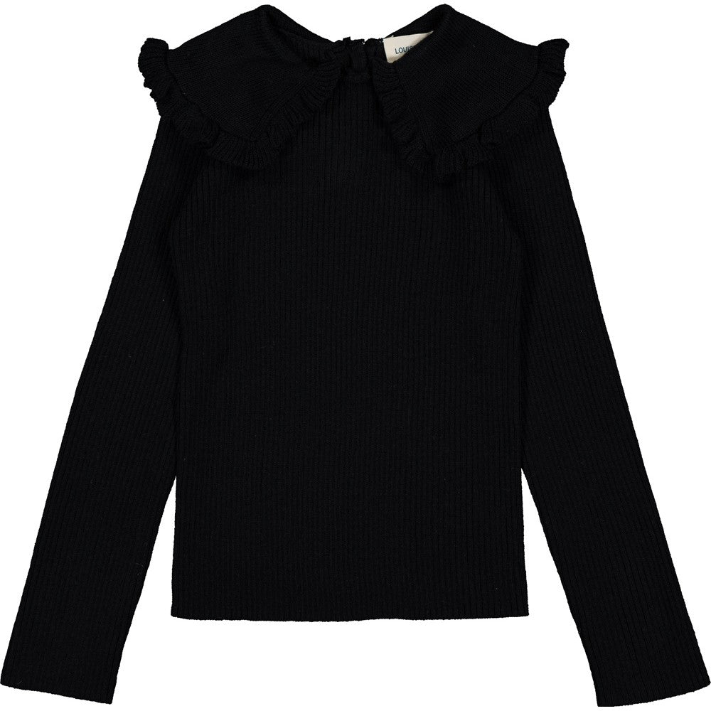 The Girls' Alinou Wool Blend Pull by Louis Louise, featuring black ribbed knit, long sleeves, and a ruffled Peter Pan collar, is shown laid flat against a white background.