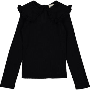 The Girls' Alinou Wool Blend Pull by Louis Louise, featuring black ribbed knit, long sleeves, and a ruffled Peter Pan collar, is shown laid flat against a white background.