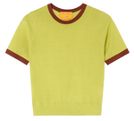 The Airy Ringer Tee by Guest in Residence is a light green, short-sleeve vintage-inspired shirt with brown trim on the collar and sleeves, shown flat on a white background.