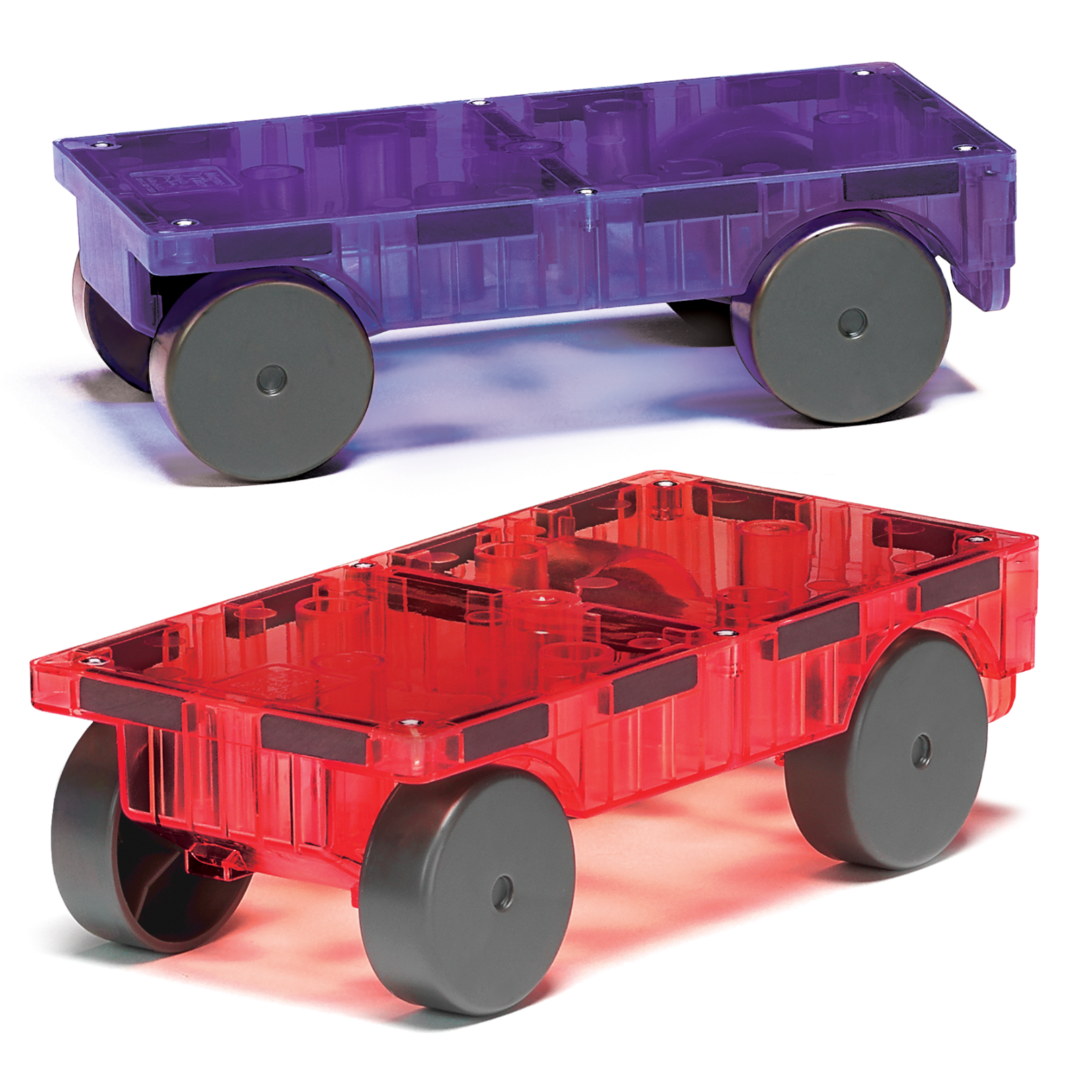 Box of Magnatiles MAGNA-TILES® Cars 2-Piece Expansion Set for ages 3-99, featuring translucent purple and red vehicle chassis with black wheels. Box includes two hazard warnings.