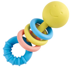 The Hape Rattling Rings Teether is a colorful baby sensory toy featuring a yellow smiley face and three blue and pink rings, designed for little hands to grip, shake, and chew.