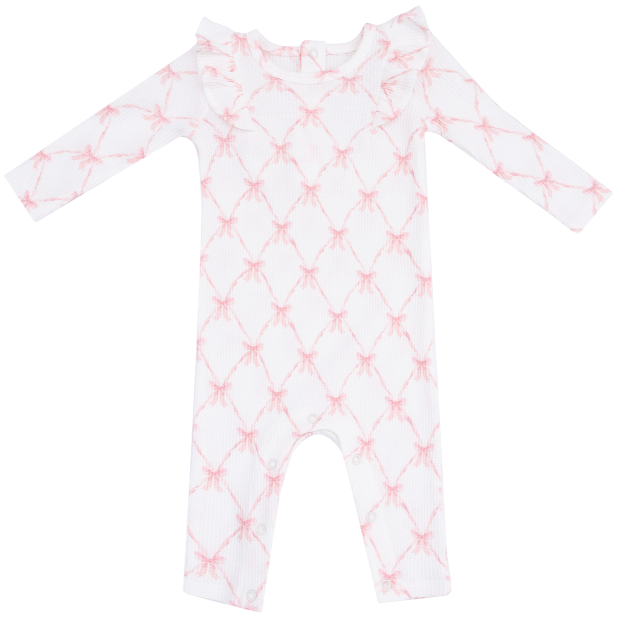 Angel Dear Long Sleeve Ruffle Romper in white with pink bow pattern and ruffle shoulder detail, displayed flat on a white background.