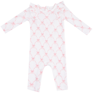 Angel Dear Long Sleeve Ruffle Romper in white with pink bow pattern and ruffle shoulder detail, displayed flat on a white background.