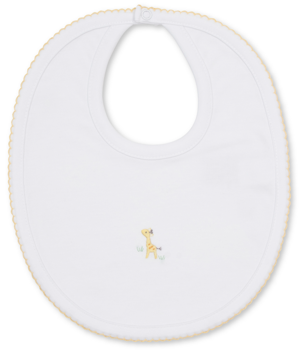 The Kissy Kissy Premier Giraffe Love Hand Emb. Bib is crafted from soft Peruvian cotton in white, accented with yellow trim and adorned in the center with a delicate hand-embroidered giraffe standing on grass.
