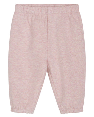 Serendipity Baby Girls’ Sweat Pants in light pink are made from soft organic cotton with an elastic waistband and cuffs. GOTS certified for your peace of mind, these sweat pants are displayed flat against a white background.
